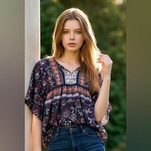 Beach Lunch Lounge SZ XL Boho Paisley Floral Flutter Sleeve Oversized Top